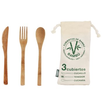Set 3 Posate ini Bambù con  Borsa in Tessuto