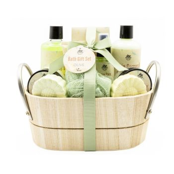 Set da bagno Cestino in legno d'oliva con maniglie