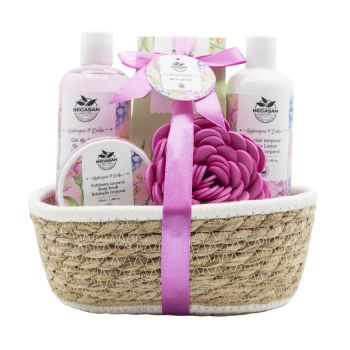 Set da bagno con cesto di vimini dal profumo floreale
