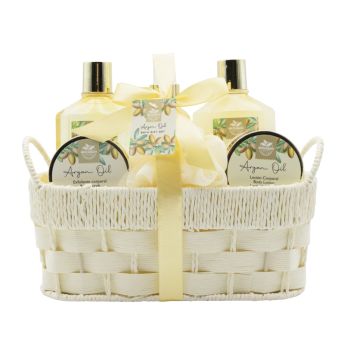 Set da bagno con cesto di vimini all'olio di argan