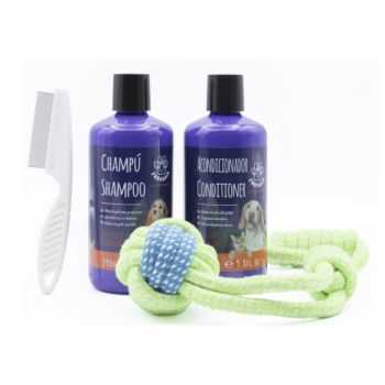 Set per la cura degli animali domestici Shampoo + Balsamo + Pettine + Giocattolo
