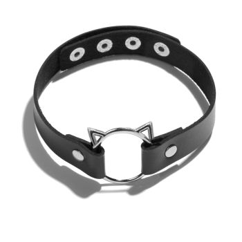Collier ras-du-cou effet cuir avec anneau chat