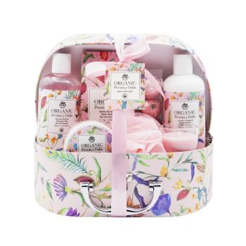 Set da bagno con valigia vintage biologica Peony e Dahlia