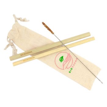 Set de 2 Pailles en Bambou, Goupillon et Pochette en Coton Bio