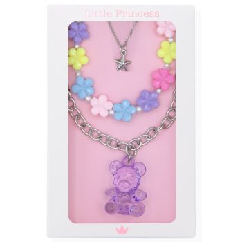 Little Princess Set Colliers Fleurs Multicolores et Chaînes Étoiles et Ourson Lilas
